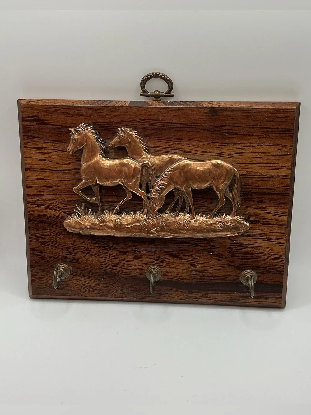 Vintage Wall Mounted Equestrian Key Holder with 3 Copper Horses